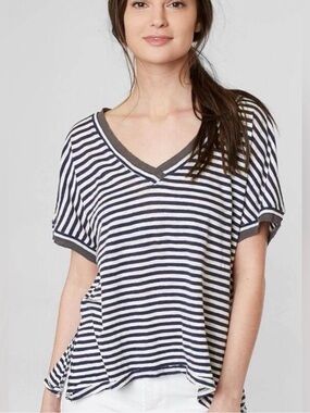 Free People We The Free Blue White Stripe Tee XS Relaxed V Neck Top